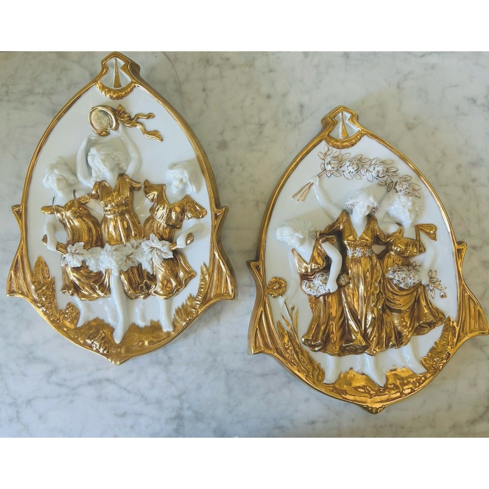 Antique Porcelain Wall Plaques Pair Art Nouveau Gilt Gold 3 Women Cherubs Set 2